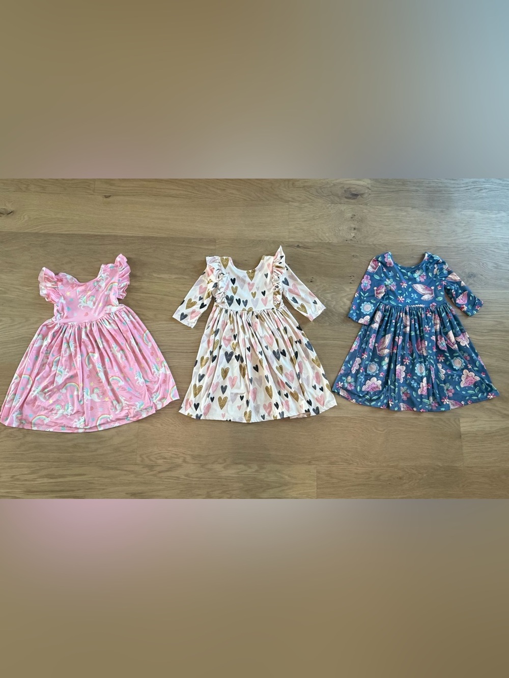 Girls Long Sleeve Heart Print Dress - Pink, Gold & Black